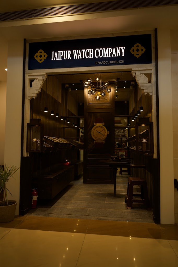 The entrance of Jaipur Watch Company’s luxury store, featuring a stylish storefront with elegant design elements that reflect the brand’s premium appeal.